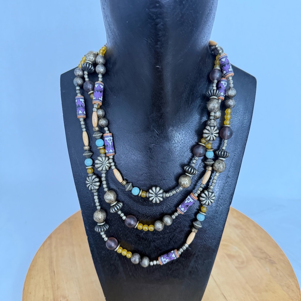 Ethnic Etched Pewter Silvertone Beaded Necklace African Clay & Glass Trade Beads